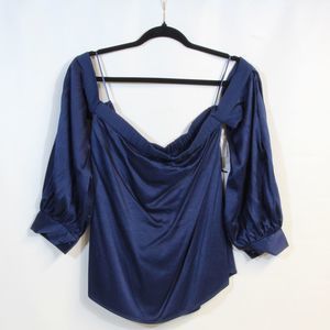 1. State Dark Nightfall Navy Blue Off Shoulder Dramatic Pause Satin Blouse NWT